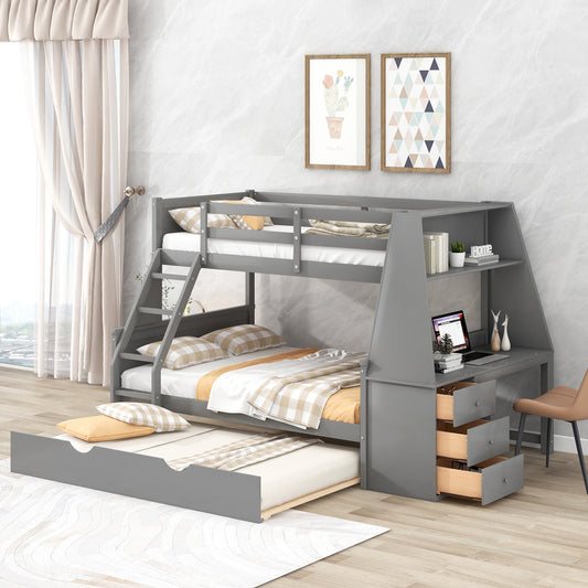 Enhanced Gray Twin over Full Bunk Bed with Trundle, Desk, and Storage