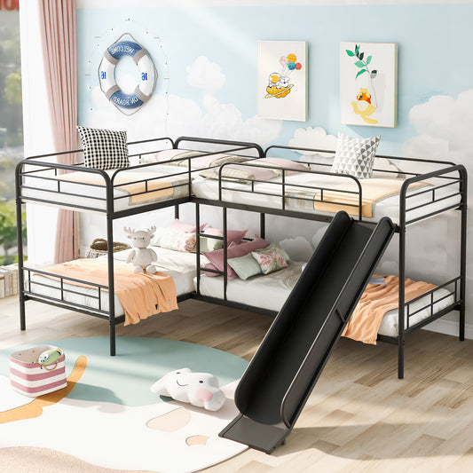 Unique L-Shaped Twin Bunk Bed Solution with Slide, Ladder, and Sleek Black Finish