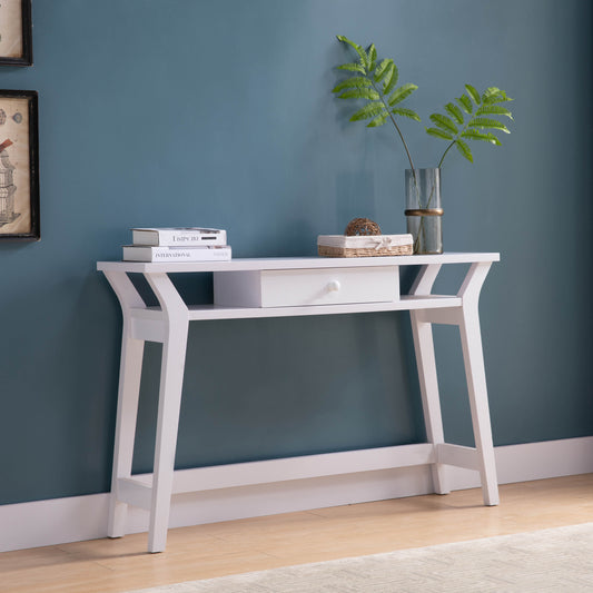 White Console Desk with Drawer and Side Shelves