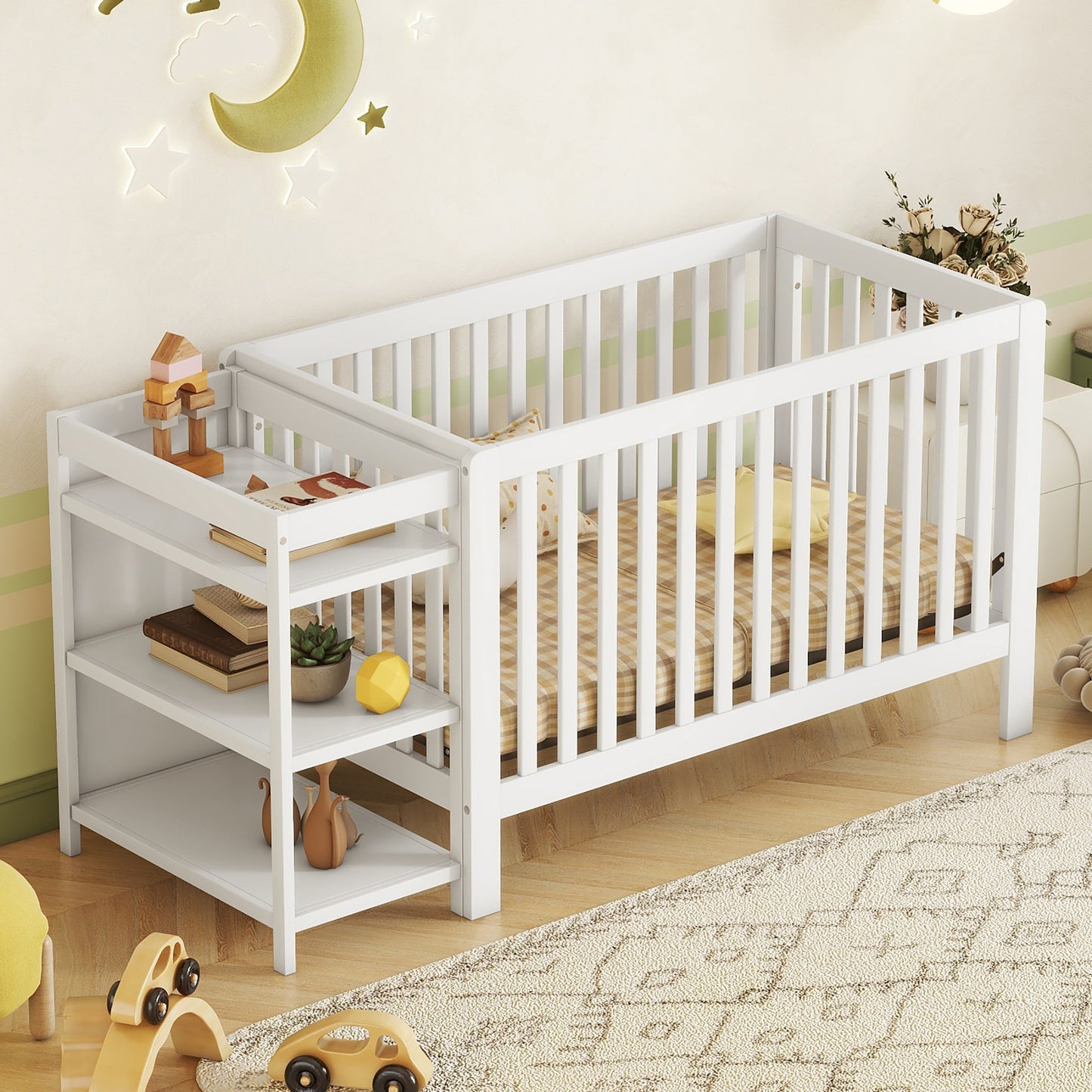 Convertible Crib/Full Size Bed with Changing Table, White