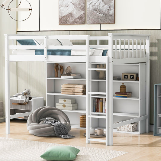 Twin Size Loft Bed with 8 Open Storage Shelves and Built-in Ladder, White(Expected Arrival Time:1.5)