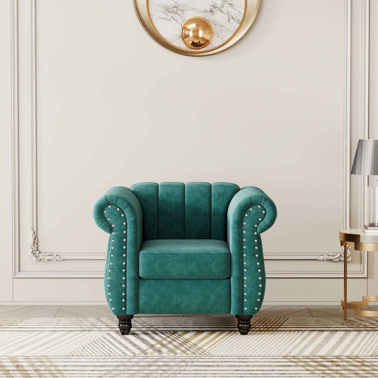 Modern Green Upholstered Sofa with Tufted Backrest and Solid Wood Legs