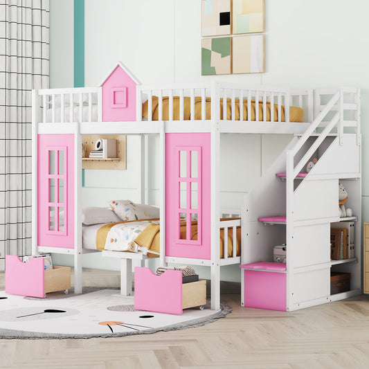 Pink Full-Over-Full Bunk Bed with Multi-Functional Table