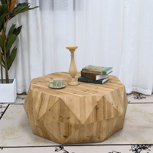 Vintage American Style Coffee Table with Three-dimensional Embossed Pattern in Natural Wood