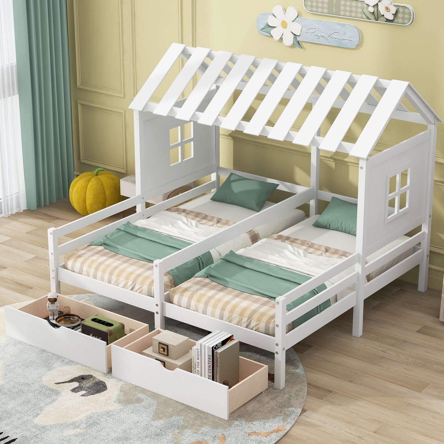 Twin Size House Platform Beds with Two Drawers for Boy and Girl Shared Beds, Combination of 2 Side by Side Twin Size Beds, White(: GX000927AAK)