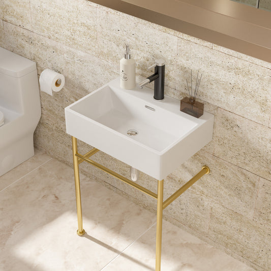 24" Bathroom Console Sink with Overflow,Ceramic Console Sink White Basin Gold Legs