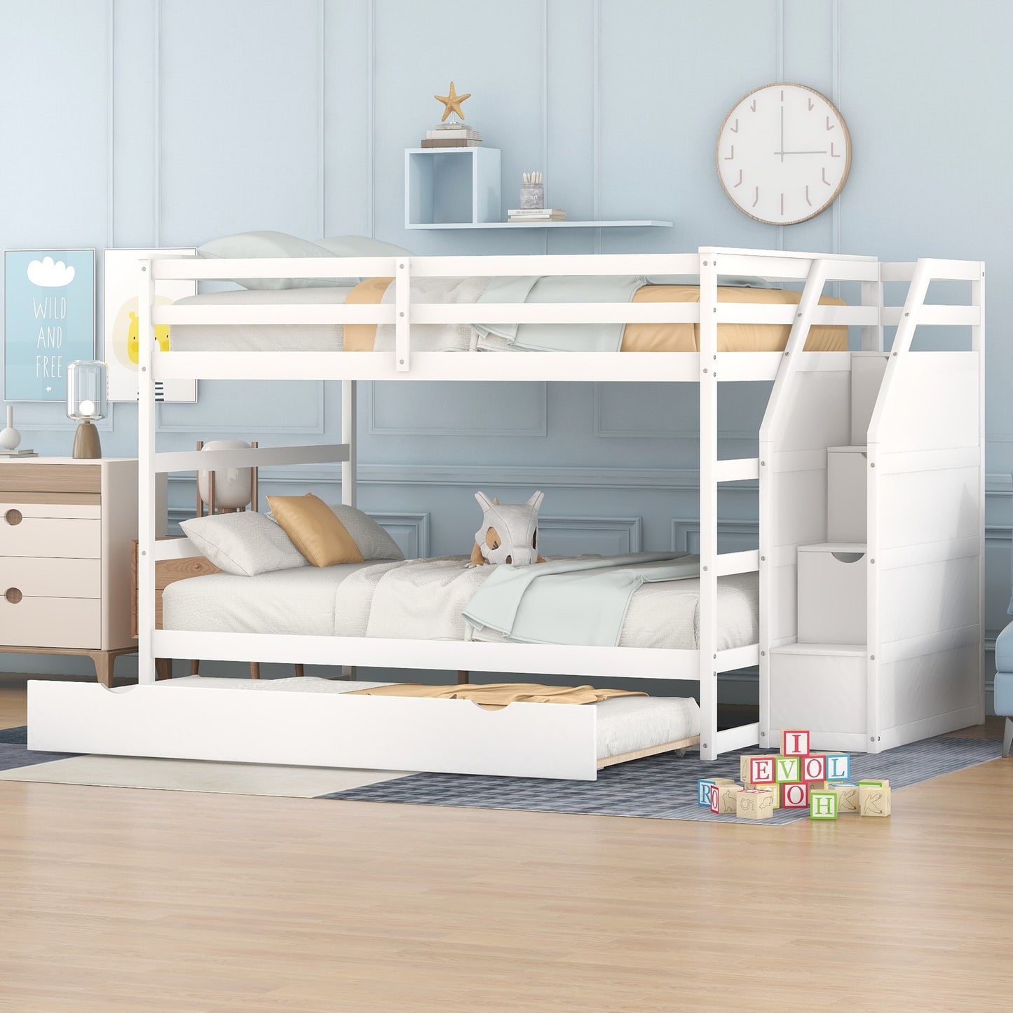 Elegant Full Bunk Bed with Trundle and Storage Stairs, White