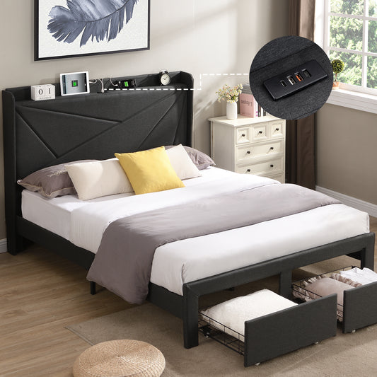 Full Size Bed Frame with 2 Storage Drawers, Upholstered Bed Frame with Wingback Headboard Storage Shelf Built-in USB Charging Stations and Strong Wood Slats Support, No Box Spring Needed, Dark Gray