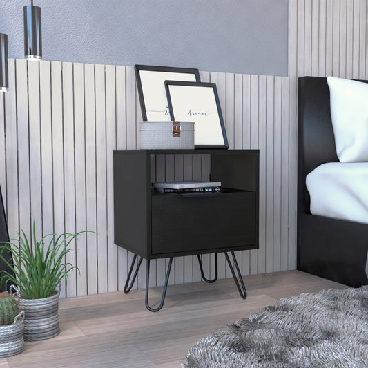 Augusta Nightstand, Single Door Cabinet, Hairpin Legs -Black