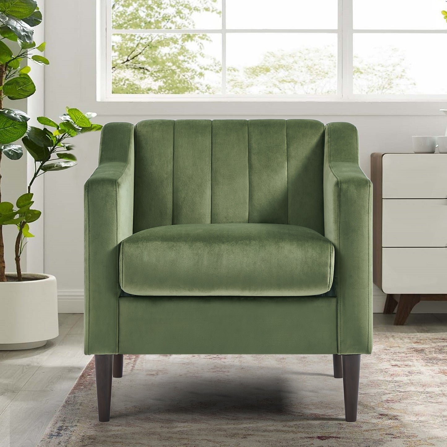 Modern Upholstered Tufted Accent Chair, Velvet Fabric Single Sofa Side Chair, Comfy Barrel Club Living Room Armchair with Solid Wood Legs for Bedroom Living Reading Room Office, Green