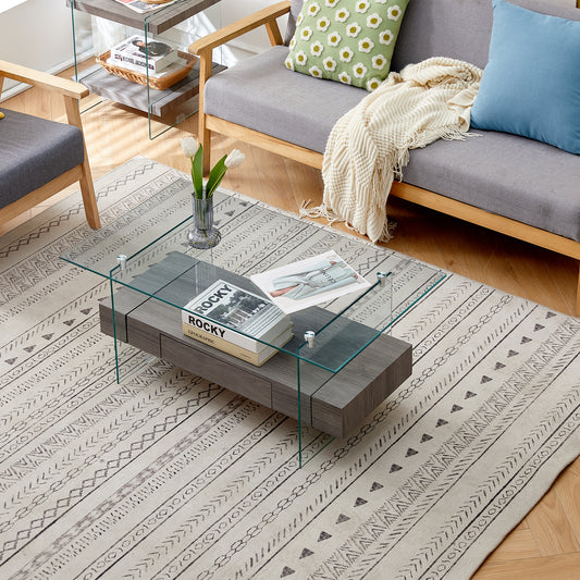 Modern Gray and Transparent Tempered Glass Coffee Table with Storage功能 and Non-Slip Legs