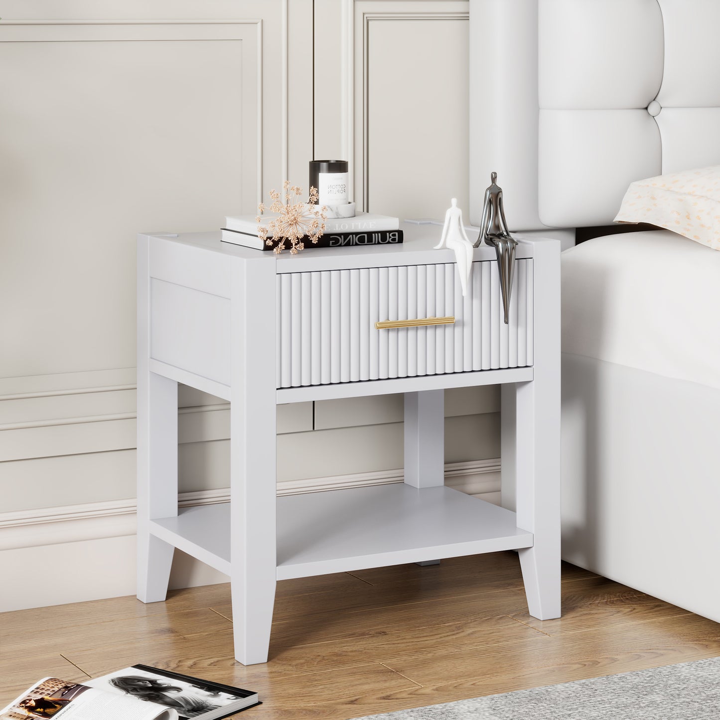 Wooden Nightstand with a Drawer and an Open Storage, End Table for Bedroom, White