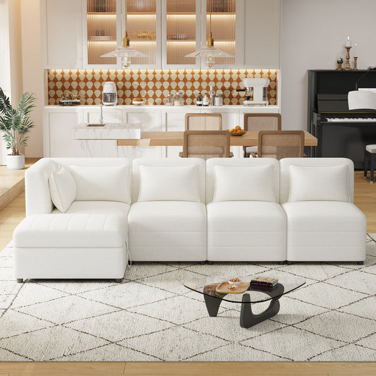 Cream 5-Seater Modular Sectional Sofa with Storage Ottoman and 5 Pillows