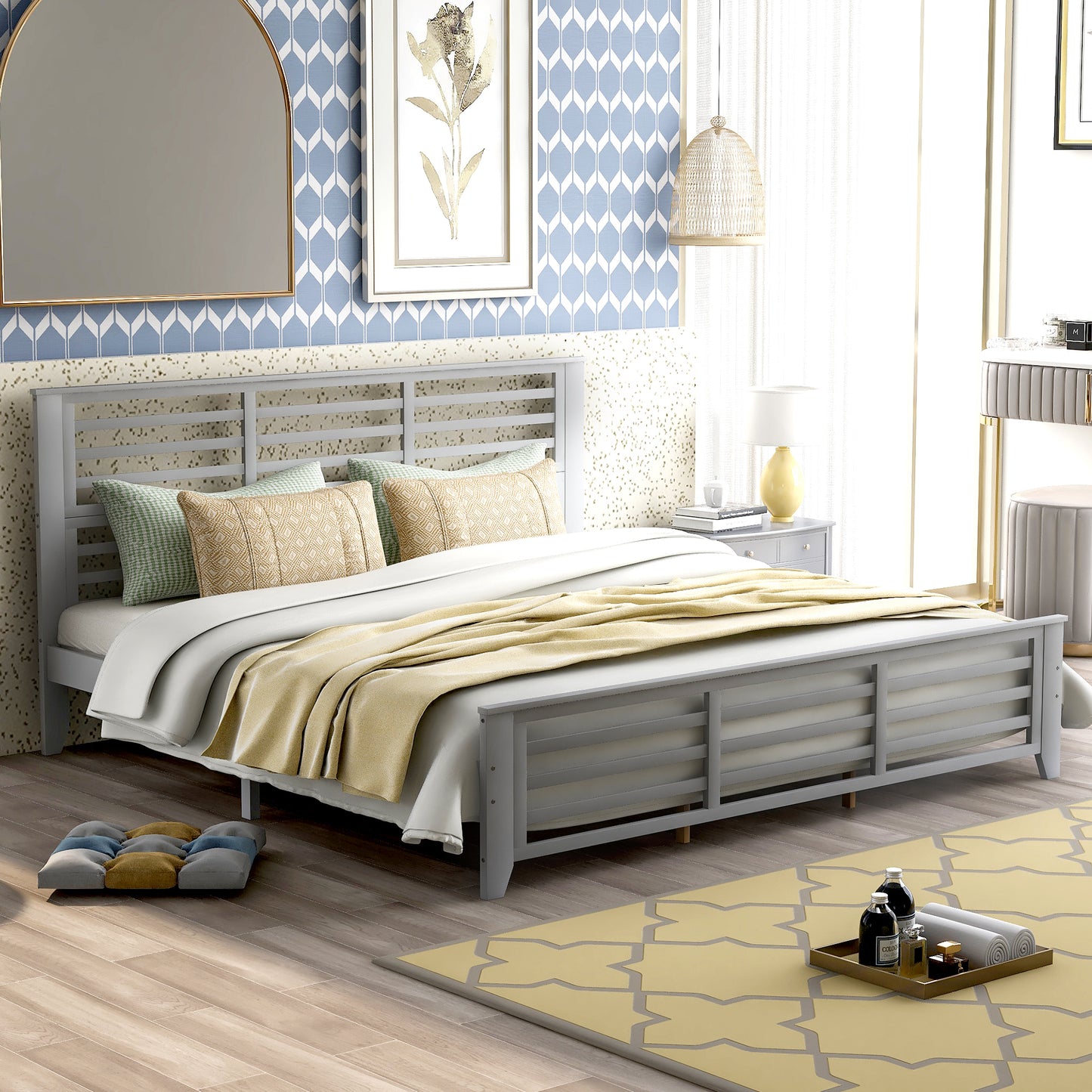 Platform bed with horizontal strip hollow shape, King size, gray