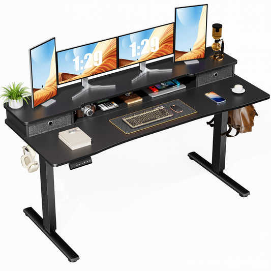 Sweetcrispy Home Office Height Adjustable Electric Standing Desk with Storage Shelf Double Drawer