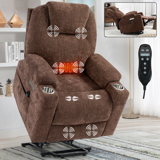 Okin Motor Chenille Power Lift Recliner Chair with Massage, Heating, USB Ports, and Cup Holders - Brown