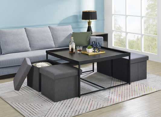 Vinny Black Wood Grain Coffee Table Set with Storage Stools and Raised Edges