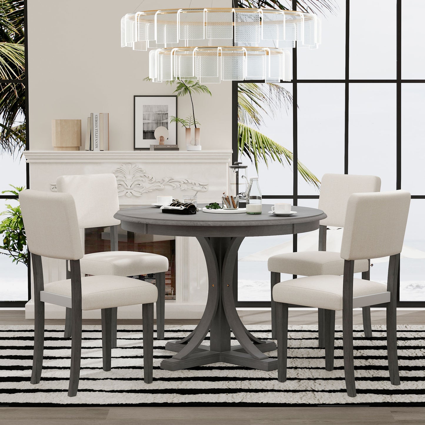 TREXM 5-Piece Retro Round Dining Table Set with Curved Trestle Style Table Legs and 4 Upholstered Chairs for Dining Room (Dark Gray)