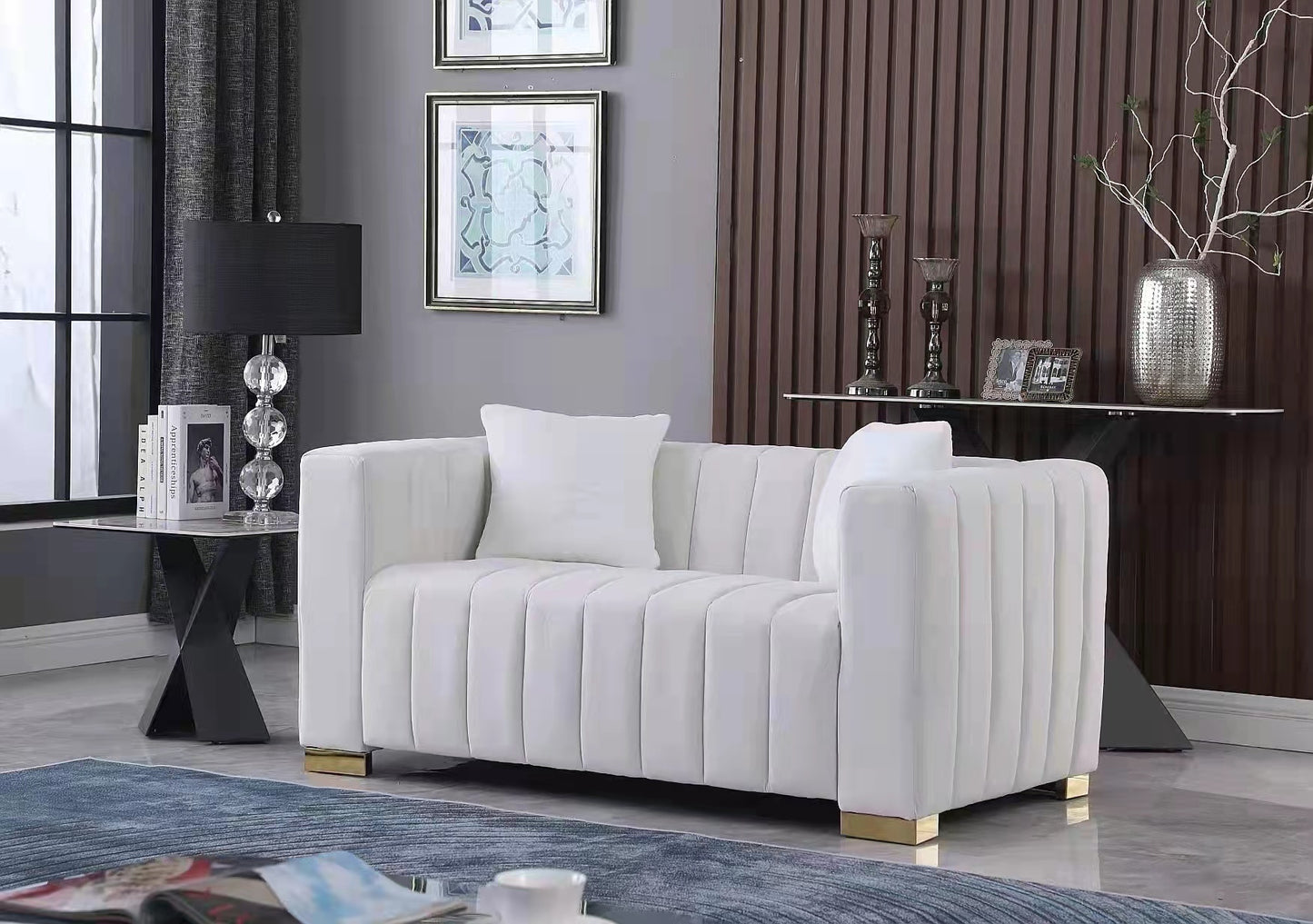 A modern  channel sofa  take on a traditional Chesterfield,White color,loveseater