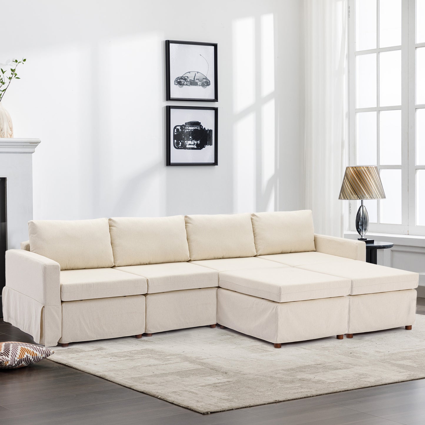 Elegant Cream Modular Sectional Sofa with Ottoman and Washable Cushions