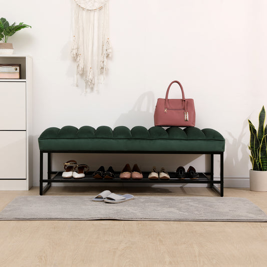 Green Velvet Channel Tufted Ottoman Bench Accent Upholstered Bendroom End of Bed Bench with Storage Shelf (Green)