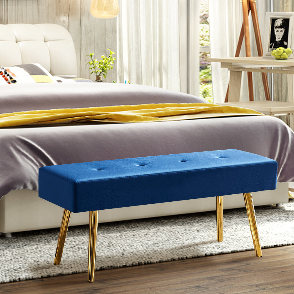 Long Bench Bedroom Bed End Stool Bed Benches Dark Blue Tufted Velvet With Gold Legs