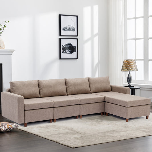 4 Seat Sectional Sofa with Ottoman, Brown Linen, Sturdy Wood Frame, High-Density Sponge Padding