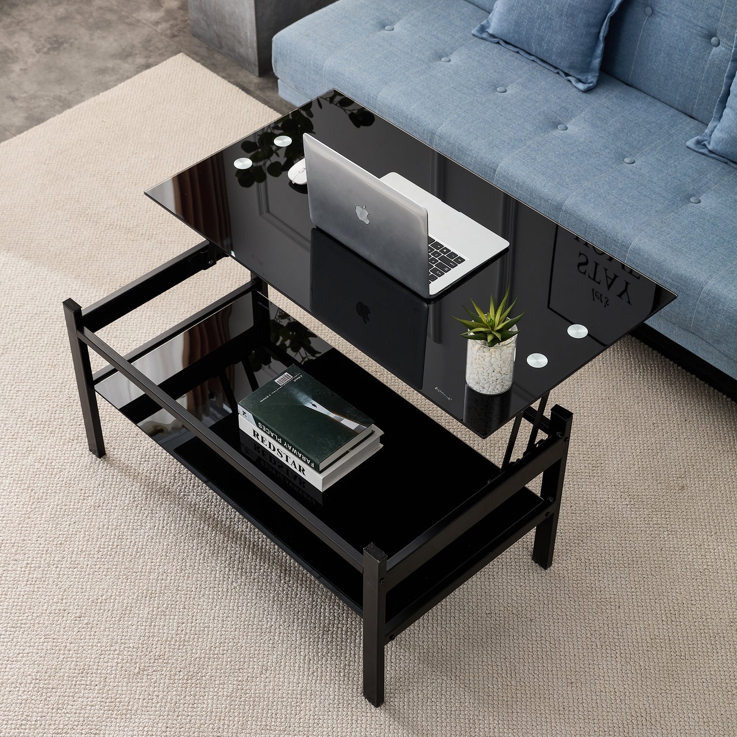 Modern Black Glass Coffee Table with Lift Top and 2-Layer Storage