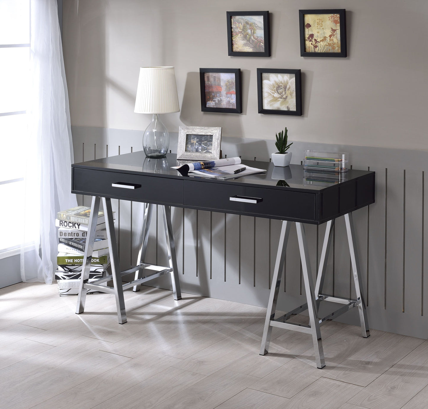 Coleen Modern Writing Desk with Black High Gloss Finish and Chrome Sawhorse Legs