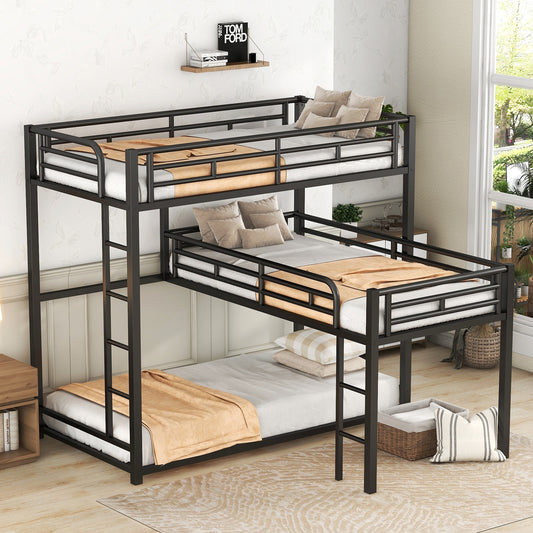 Black Metal Triple Bunk Bed with Desk and L-shaped Design