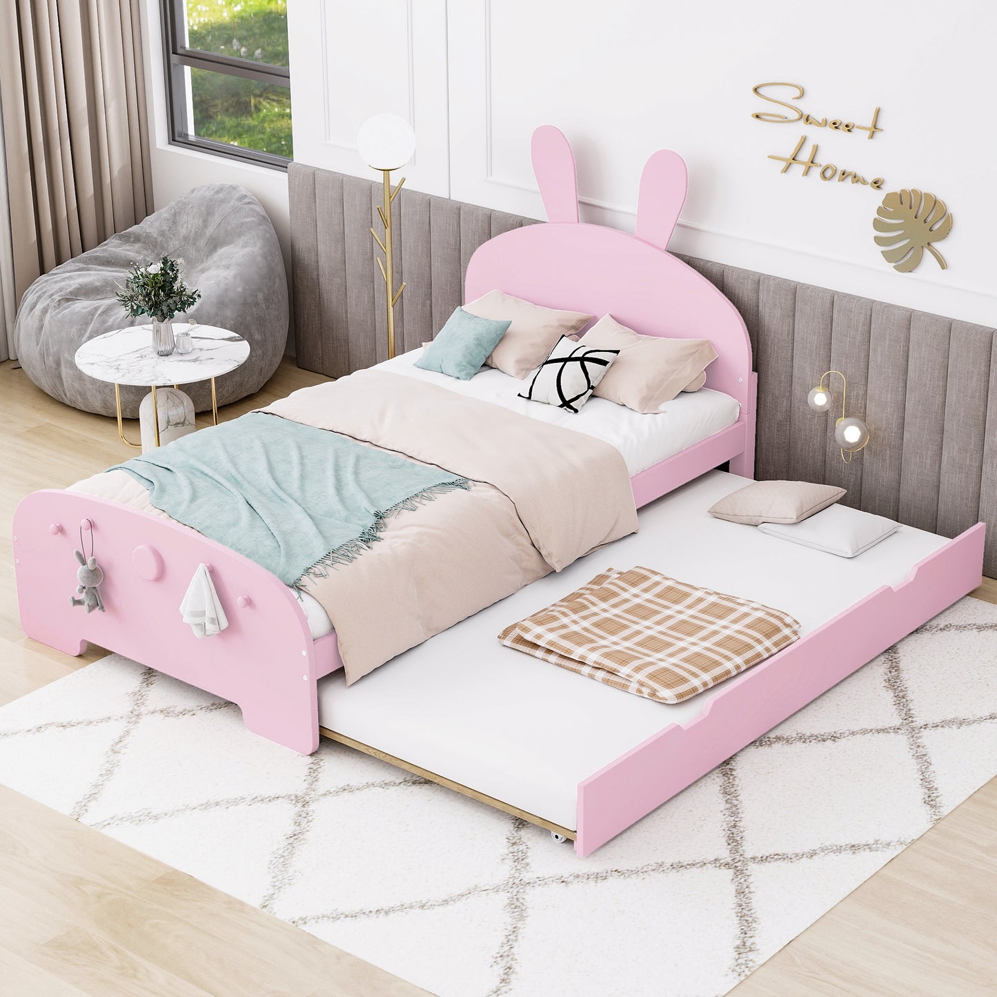 Wood Twin Size Platform Bed with Cartoon Ears Shaped Headboard and Trundle, Pink