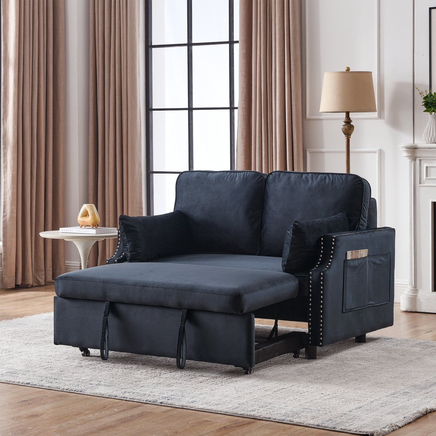 50 Velvet Sleeper Sofa Bed with Side Storage Pockets and Nailhead Design, 2-Seater Sofa with 2 Pillows and Removable Backrest