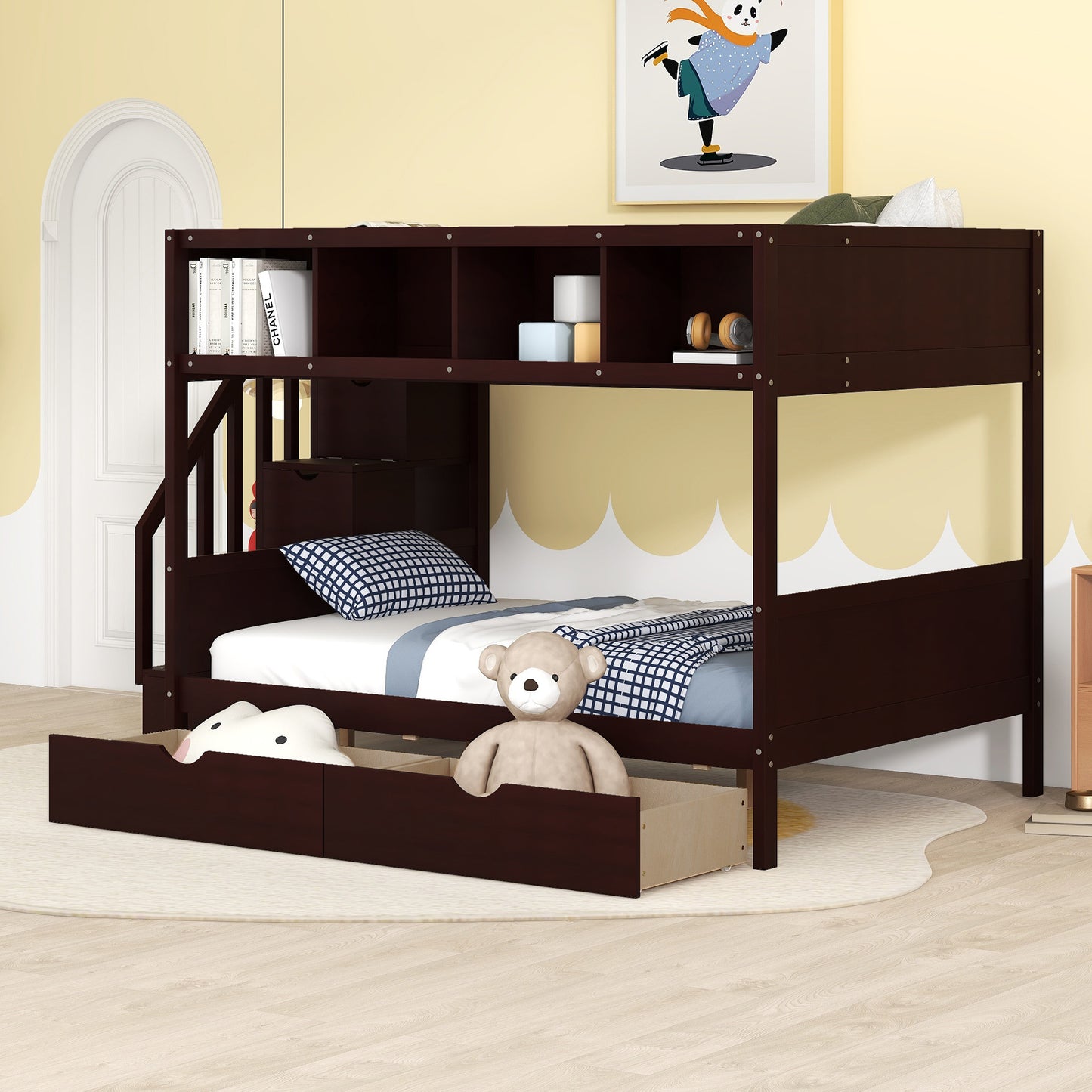 Espresso Finish Twin over Full Bunk Bed with Storage Staircase, Shelves, and 2 Drawers