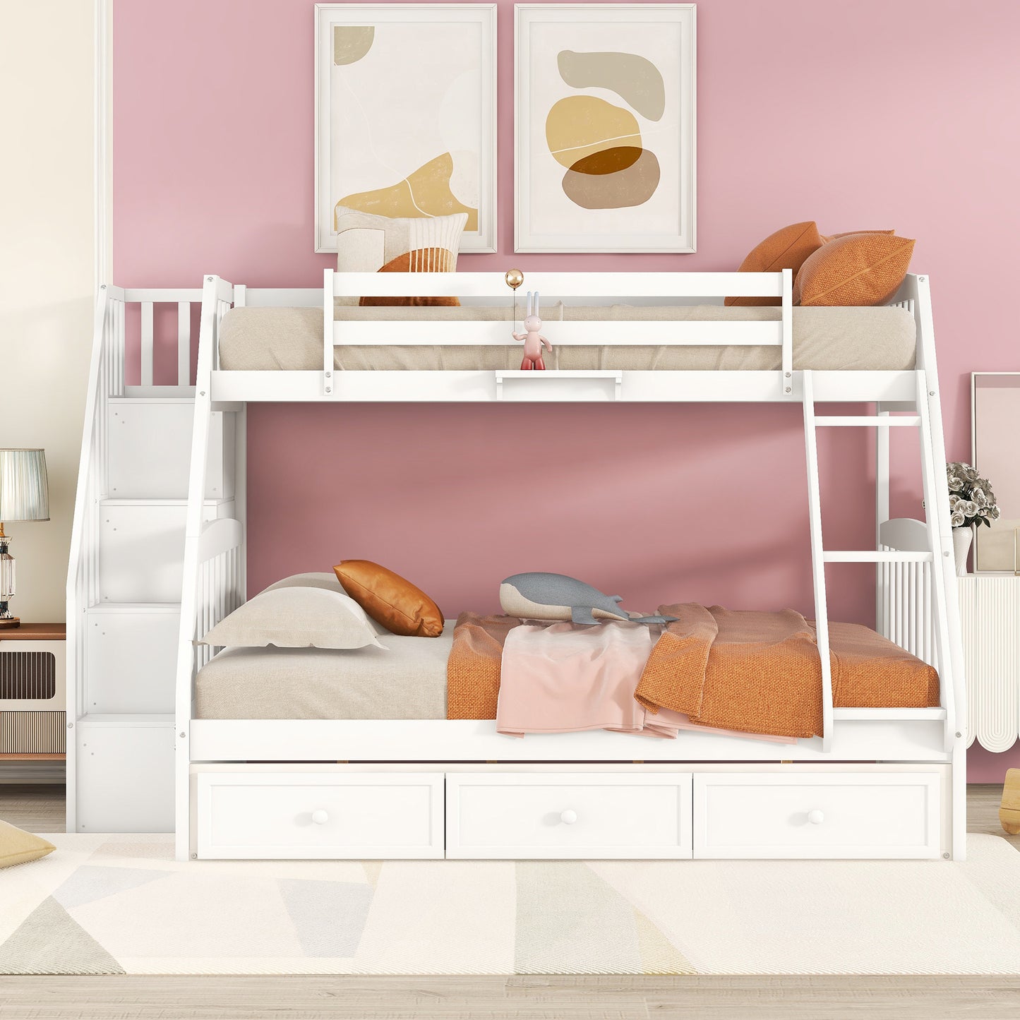 White Bunk Bed with Drawers, Ladder, and Storage Staircase for Twin and Full Sizes