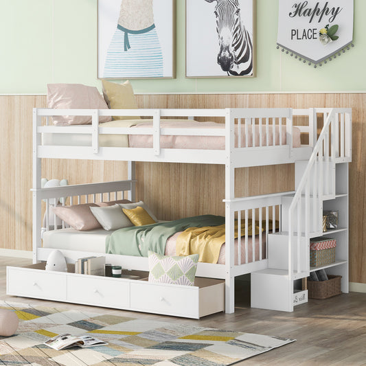 Full-Size Bunk Bed with Stairway Storage and Guard Rail