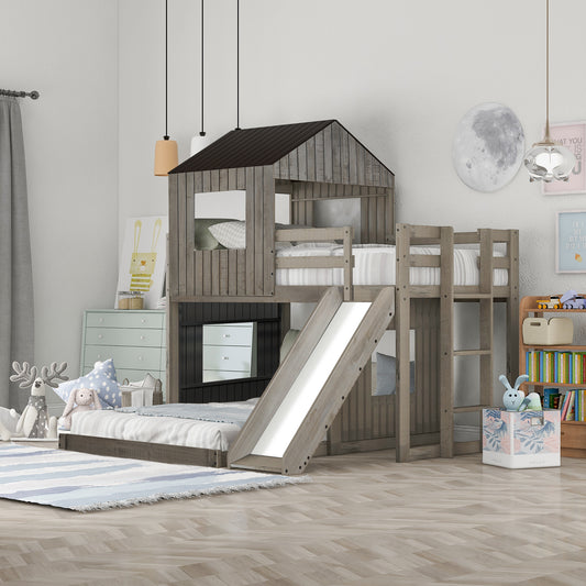 Playhouse Twin Over Full Bunk Bed with Ladder, Slide, and Guardrails in Farmhouse Style