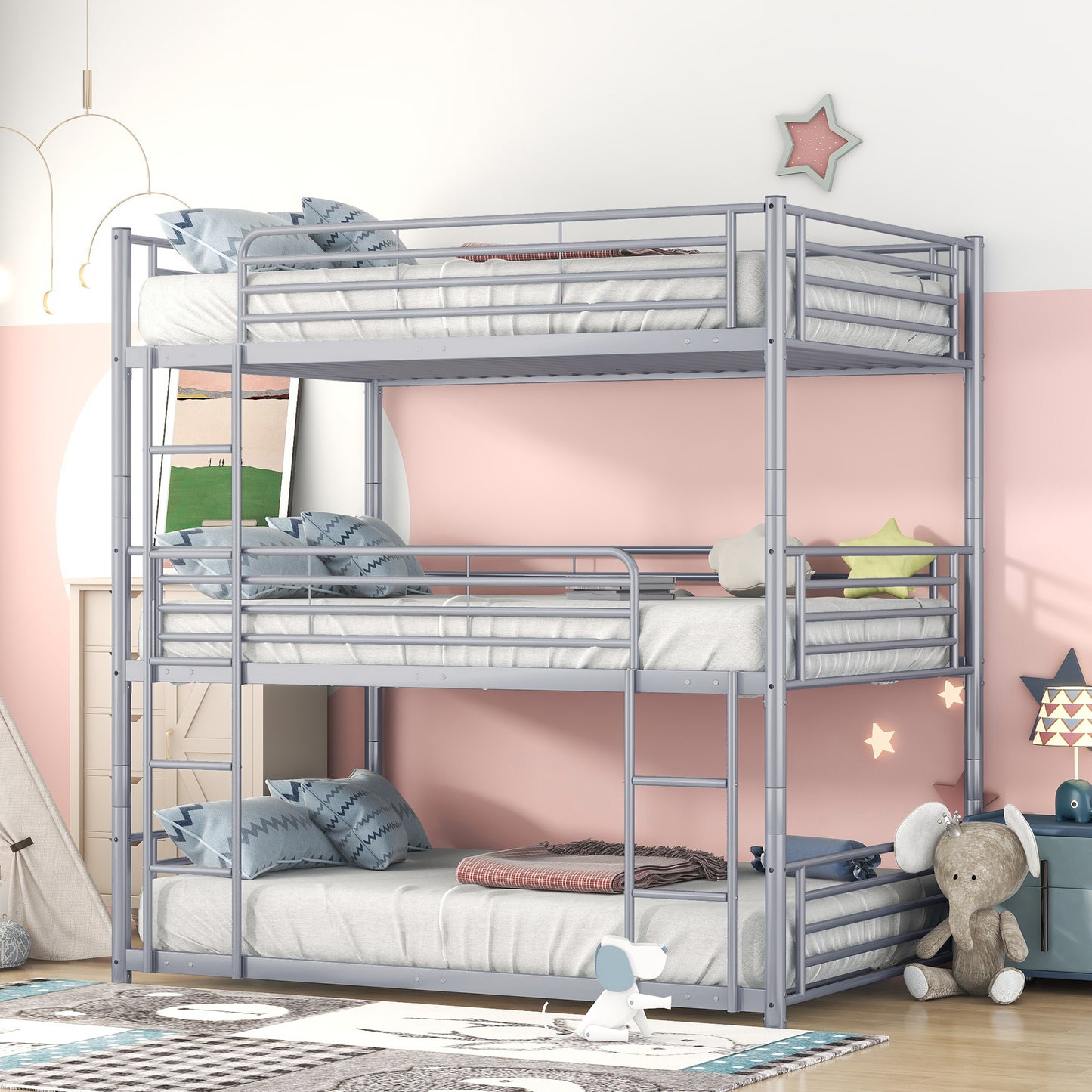 Full-Full-Full Metal  Triple Bed  with Built-in Ladder, Divided into Three Separate Beds,Gray