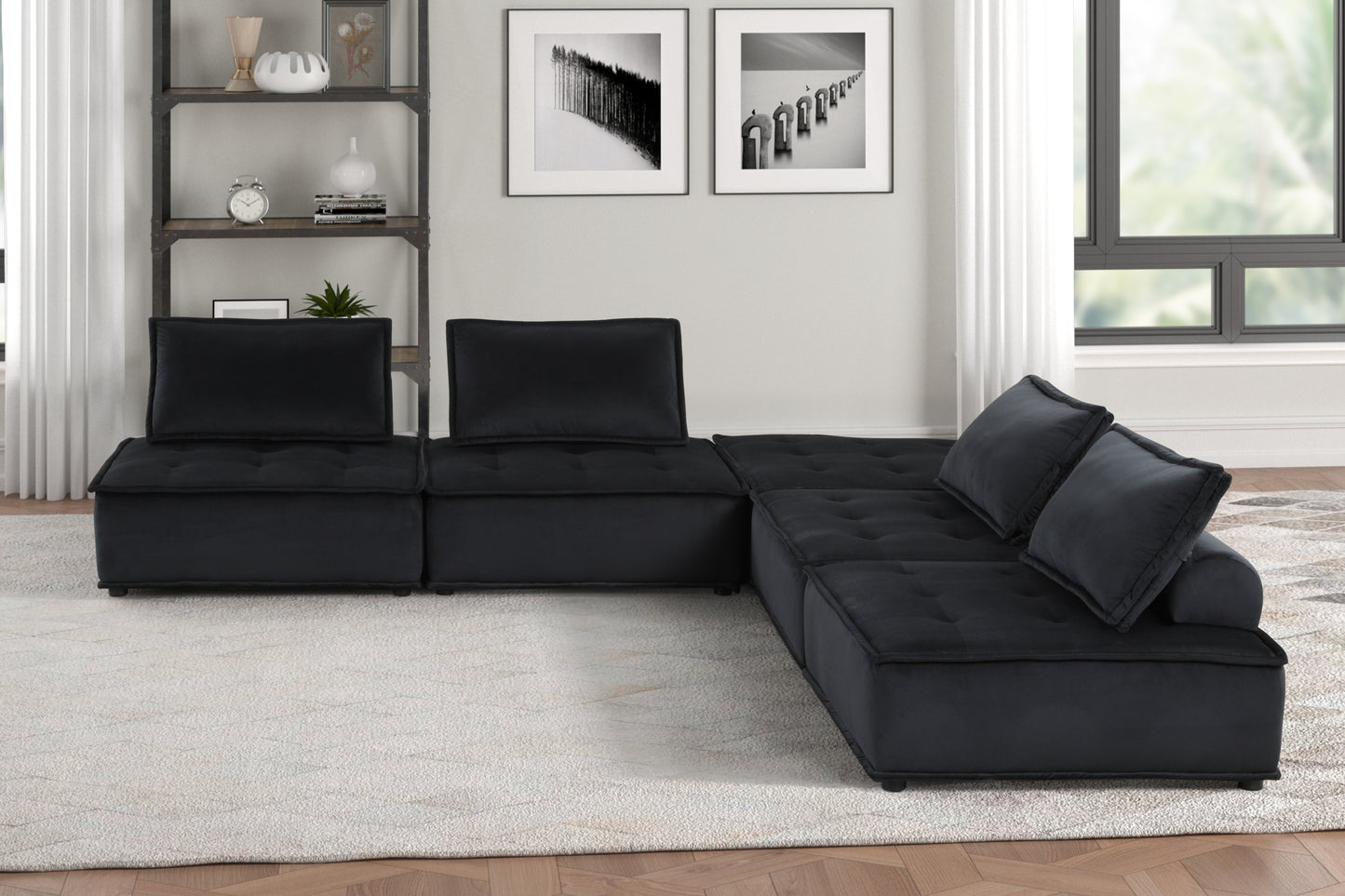 Anna Black Velvet 5 Piece Sectional Couch