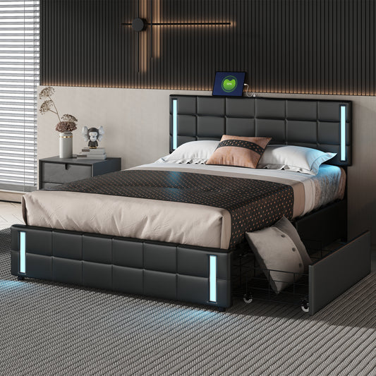 Queen Size Upholstered Platform Bed with LED Lights and USB Charging, Storage Bed with 4 Drawers, Black