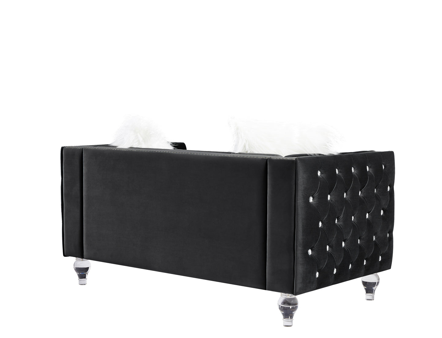 2066 Two-seat Black Velvet Sofa with Crystal Buttons and Throw Pillows