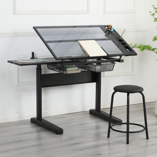 Glass Drafting Table with Adjustable Tilt, Metal Drawers, and Stool