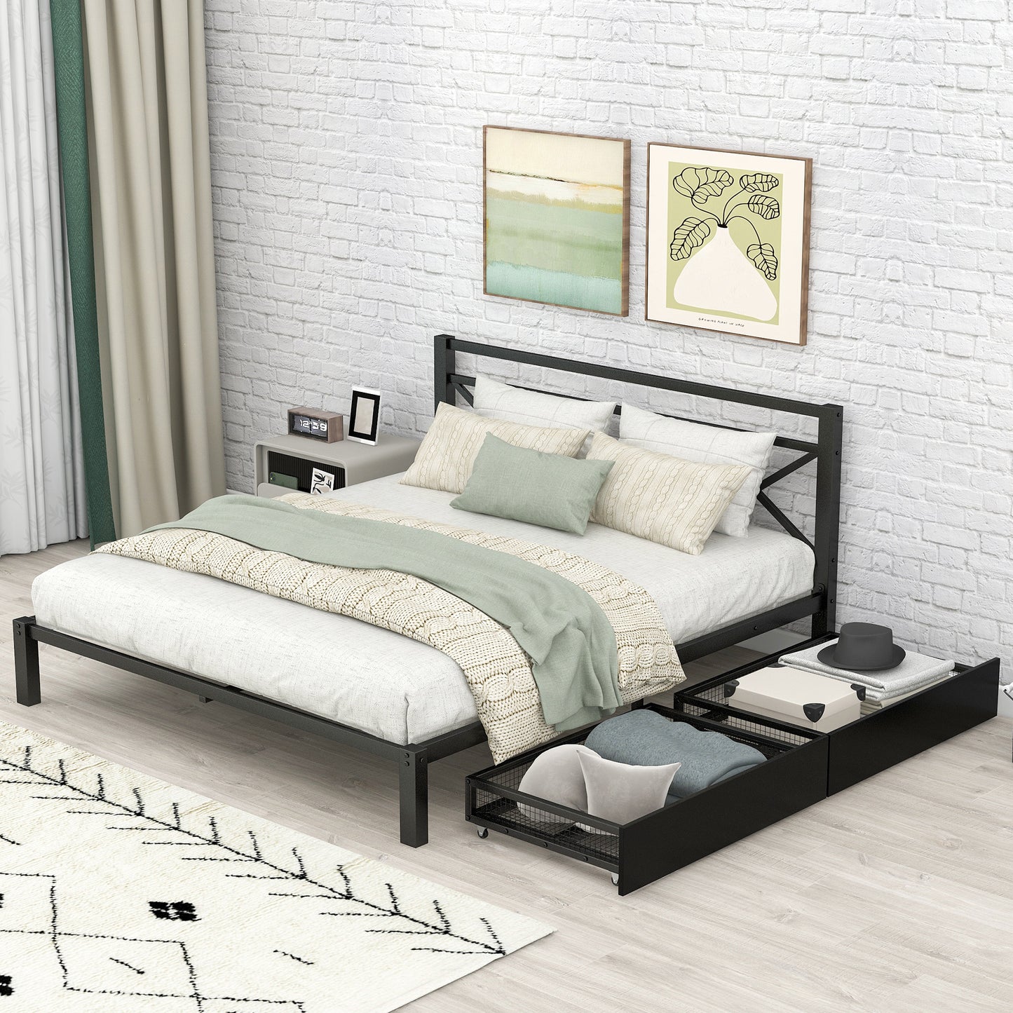 Metal Platform Bed with 2 Drawers, Queen (Black)