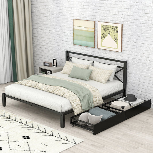 Metal Platform Bed with 2 Drawers, Queen (Black)