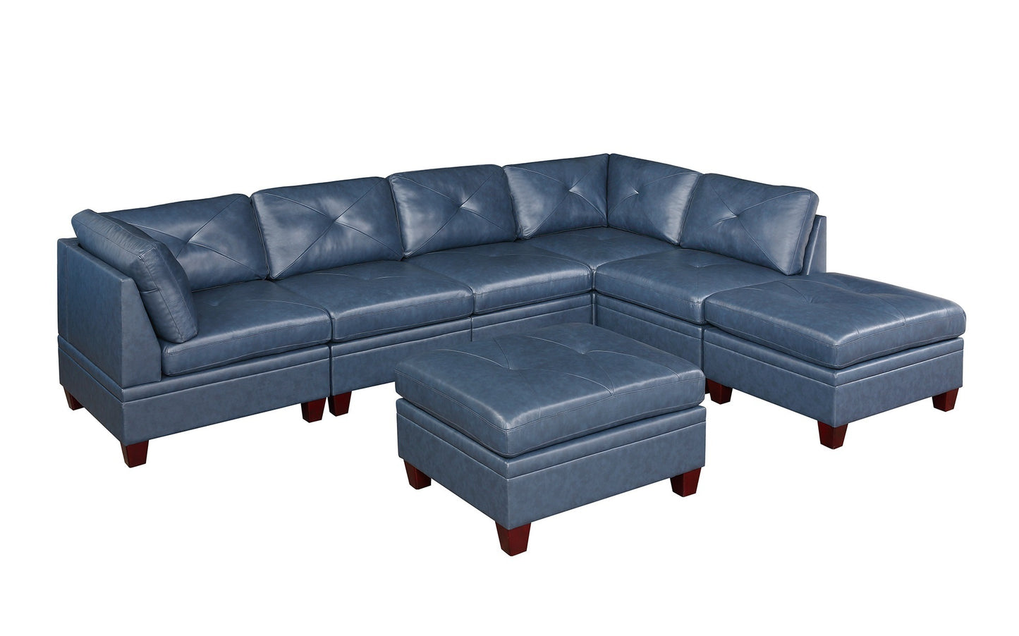 Luxurious Genuine Leather Ink Blue Modular Living Room Sofa Set with Tufted Design