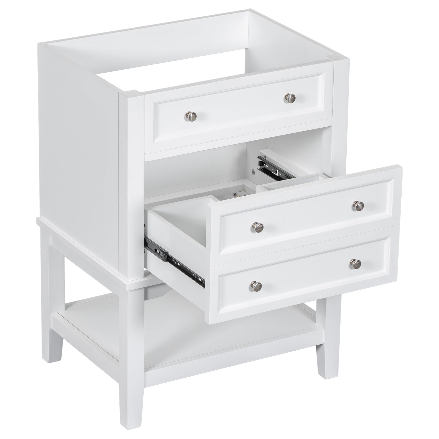 24" Bathroom Vanity Without Sink, Base Only, Solid Wood Frame, Bathroom Storage Cabinet with Drawer and Open Shelf, White