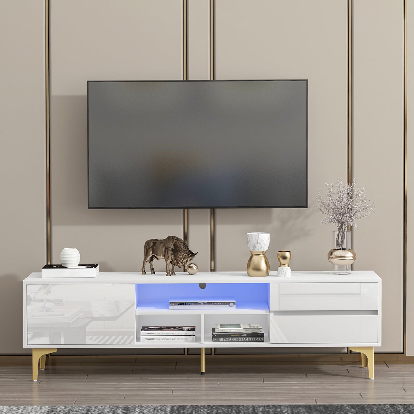 Modern White TV Console with LED Lights and Gold Metal Legs