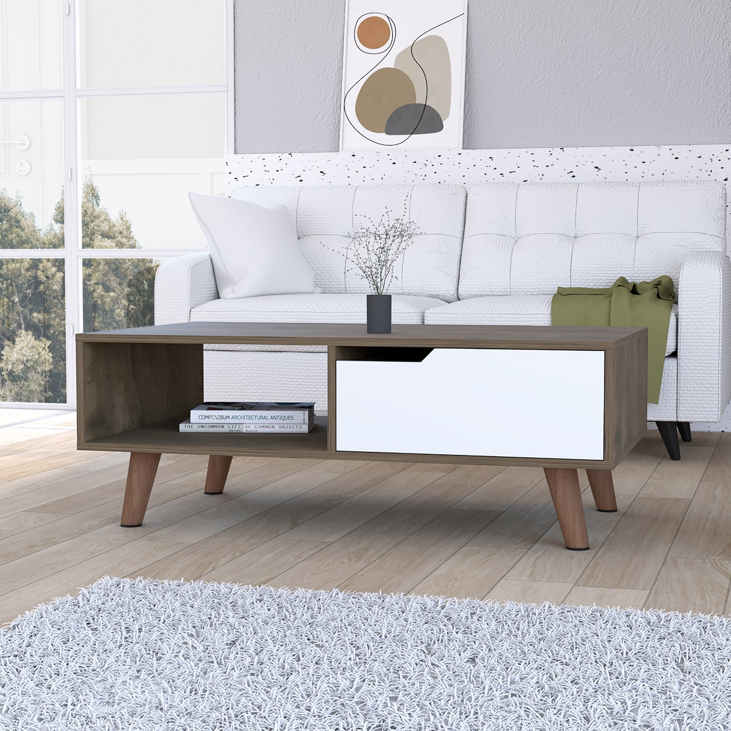 Elegant Dark Brown and White Coffee Table with Drawer and Shelf