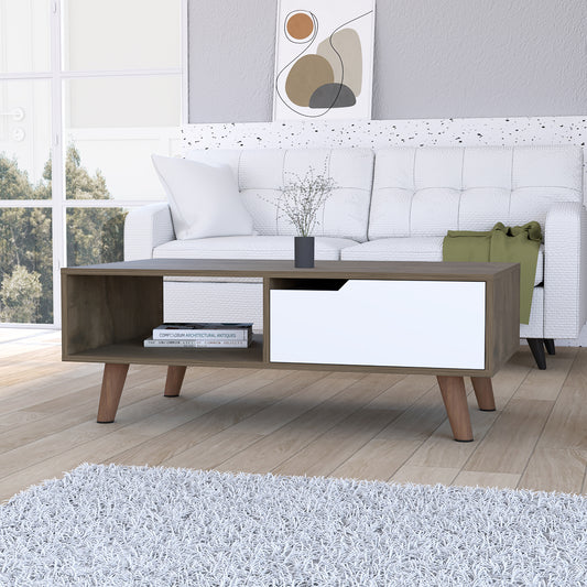 Elegant Dark Brown and White Coffee Table with Drawer and Shelf