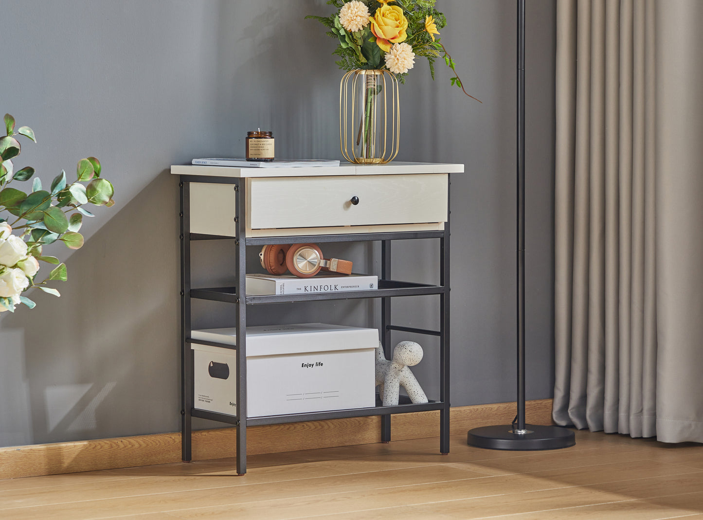 Sleek White End Table with Charging Station for Living Room and Bedroom