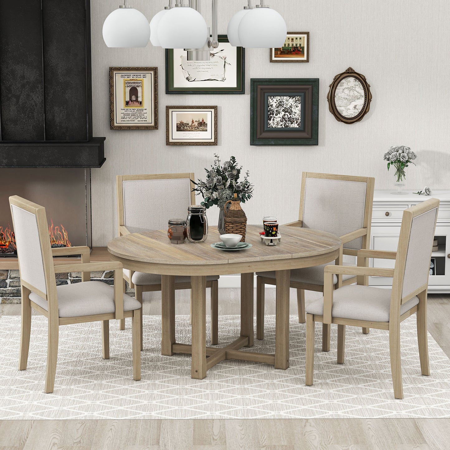 TREXM 5-Piece Dining Table Set, Two-Size Round To Oval Extendable Butterfly Leaf Wood Dining Table and 4 Upholstered Dining Chairs with Armrests (Natural Wood Wash)